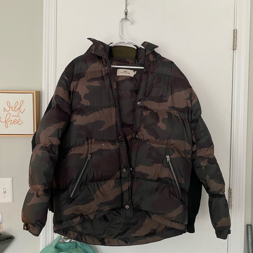 COACH Men's Green Camouflage Down Hooded Snap Closure Parka L F21008 SEND OFFERS